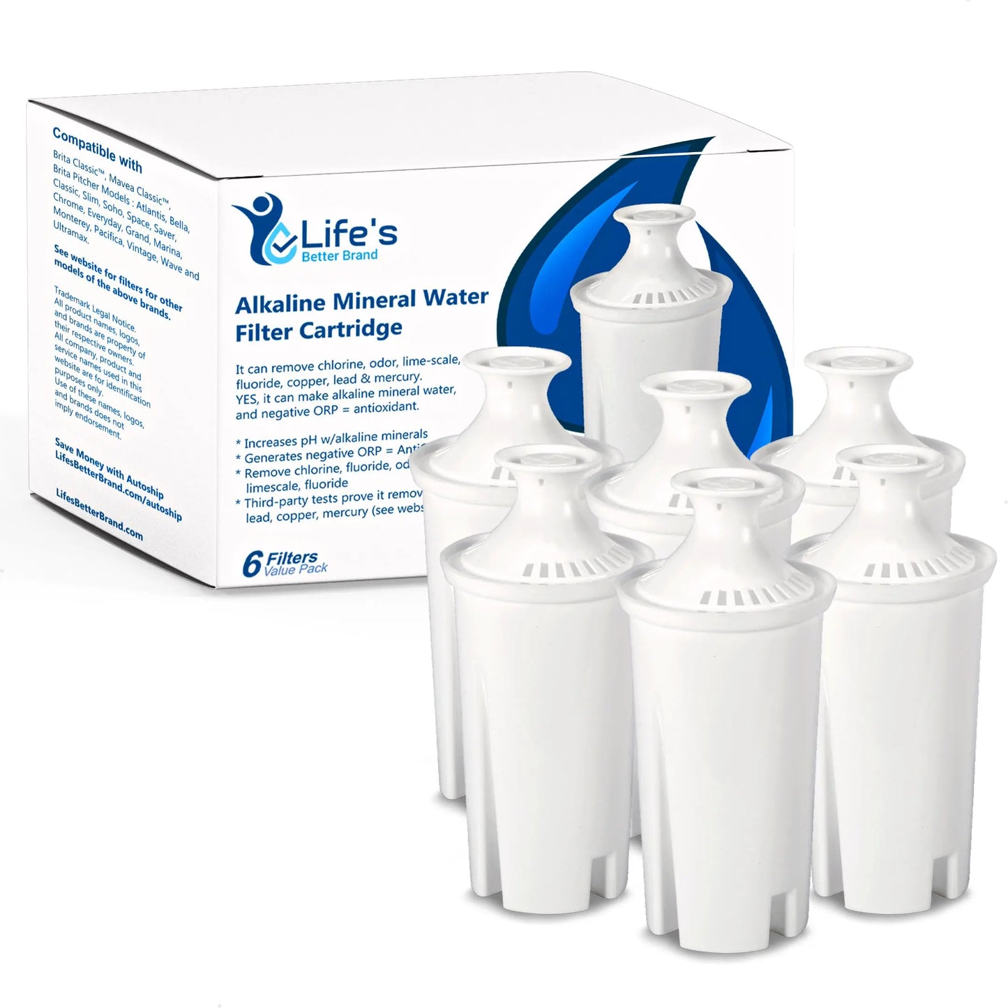 Auto Ship Alkaline Pitcher Replacement Filters that fit Brita® Pitchers - 6 Cartridges Pack