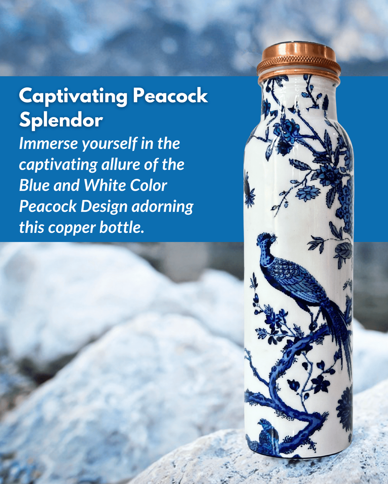 Blue and White Peacock Copper Water Bottle