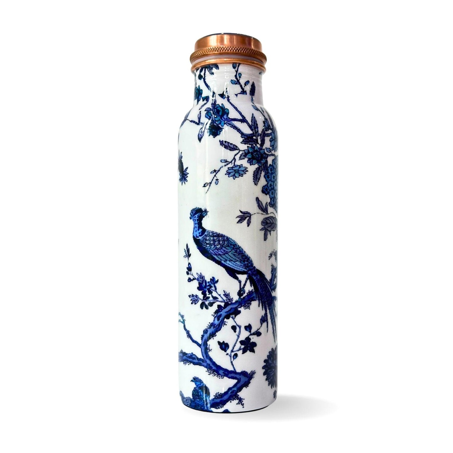 copper bottle blue and white peacock Design