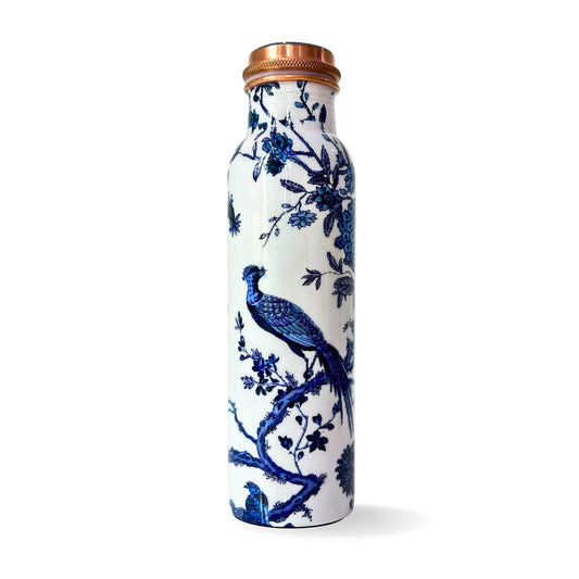copper bottle blue and white peacock Design