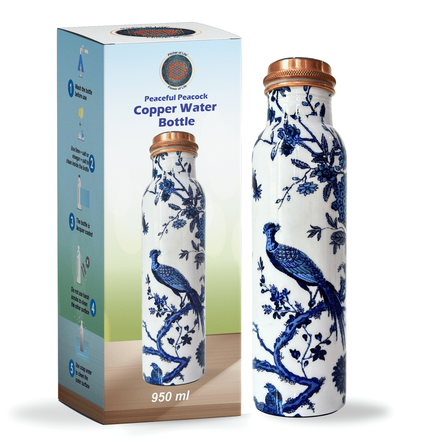 Copper Bottle Blue and White Peacock Design Packing