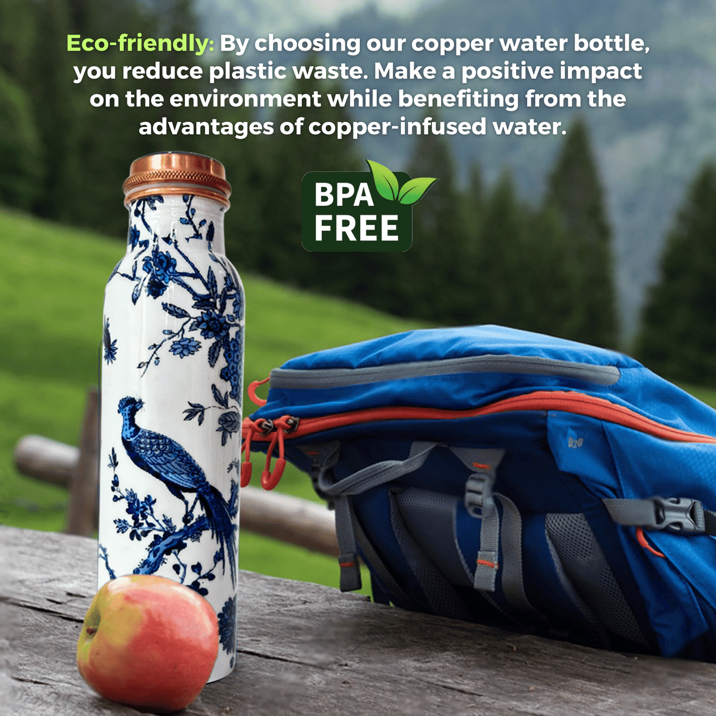 Eco-Friendly White and Blue Peacock Design Copper water bottle