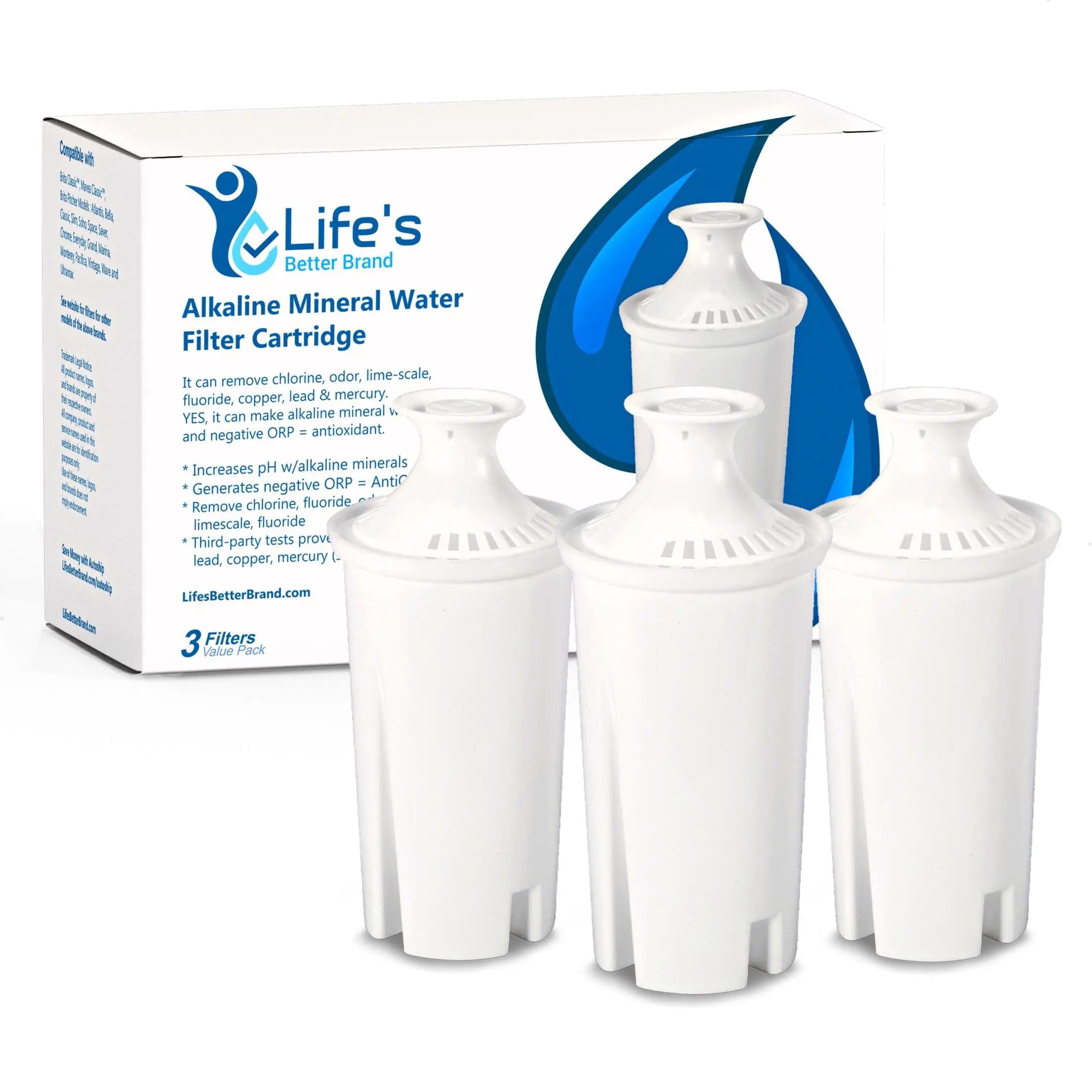 Three alkaline filter cartridges with the 3-Pack box